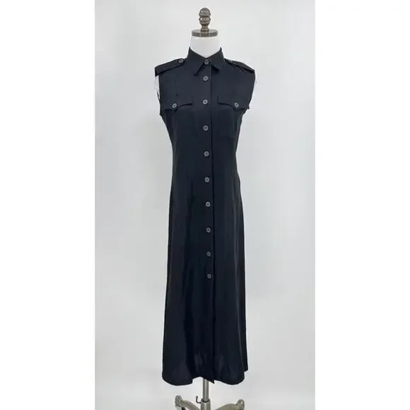 Bloomingdale's | Dresses | Bloomingdales Petite Black Linen Sleeveless  Button Midi Sheath Dress Sz 4